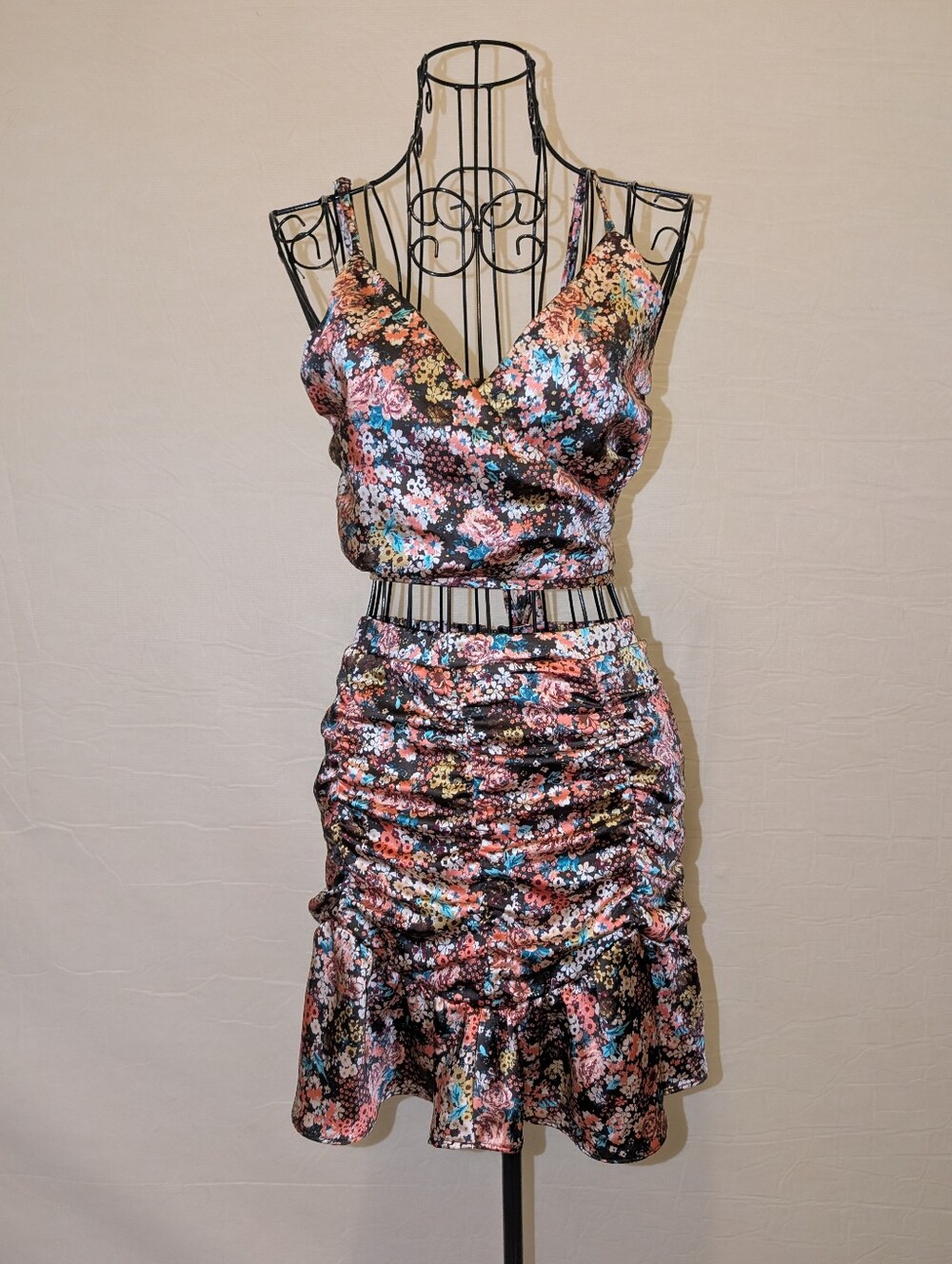 Floral Satin Ruched Skirt Set